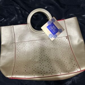 Beige Metallic Tote with Gold Handles and Perforated Design